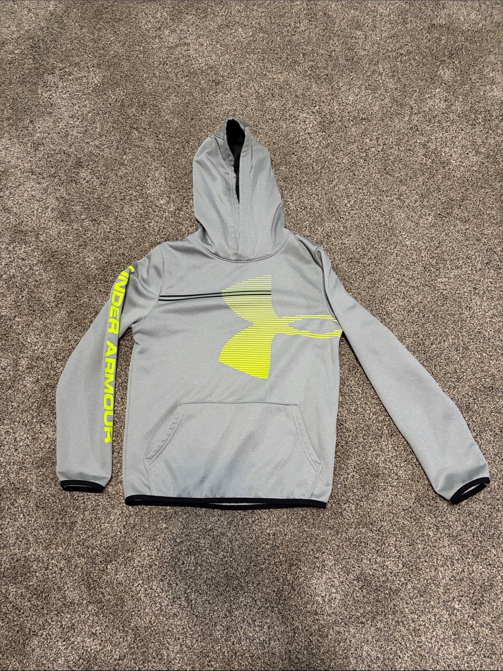 Boys Under Armour Gray Hoodie with Neon Yellow Logo Size L